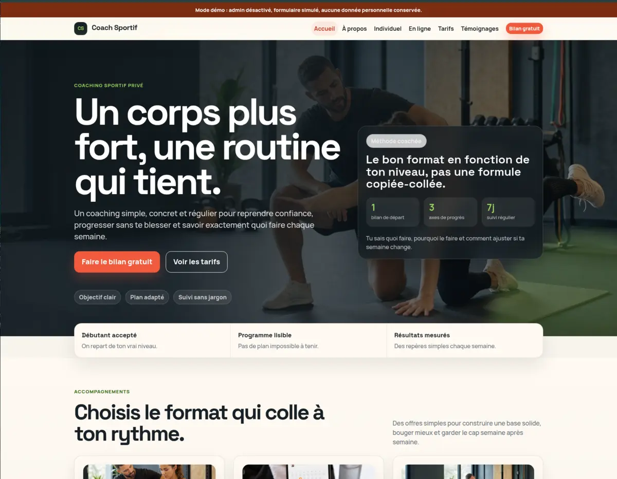 Capture du site démo coach sportif avec hero et offres
