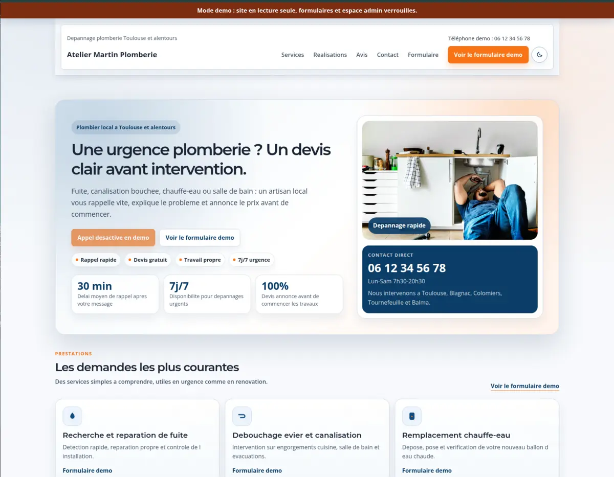 Capture du site démo plombier avec hero, formulaire et services